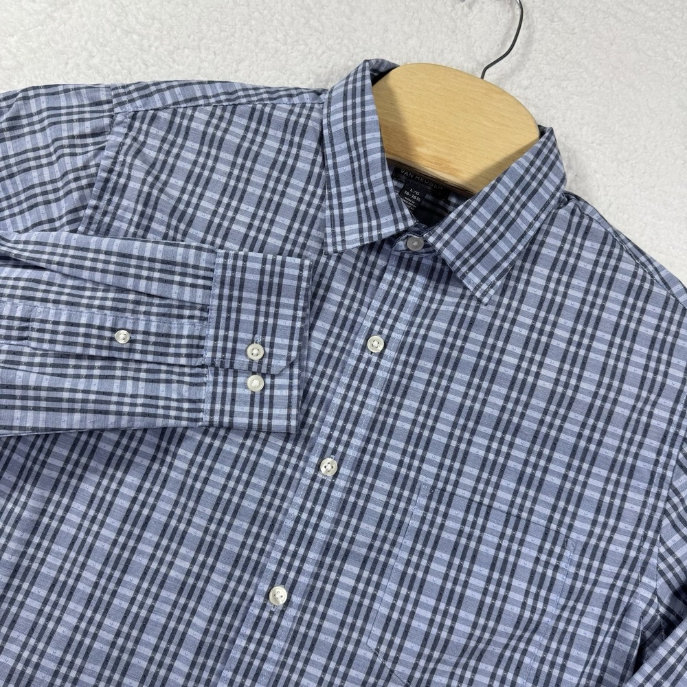 Van Heusen Dress Shirt Mens Large 17-17 1/2 Blue Plaid Textured  Classic‎ Formal
